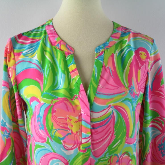 Lilly Pulitzer Silk Stacey Popover So A Peeling Monkey Elephant Pink Green Top S - Picture 3 of 7